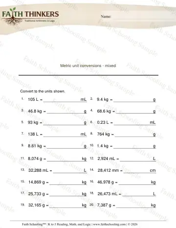 5th Grade math worksheet — Metric Measurement. Metric Units Mixed 6