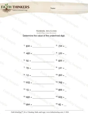 2nd Grade math worksheet — Place Value Digit 3