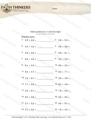 5th Grade math worksheet — Adding Decimals 1 Digit 2