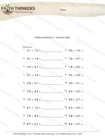4th Grade math worksheet — Adding Decimals 1 Digit 6