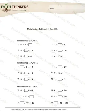 3rd Grade math worksheet — Times Tables and Facts. Multiplication Table 2 5 10 Missing Factor 2