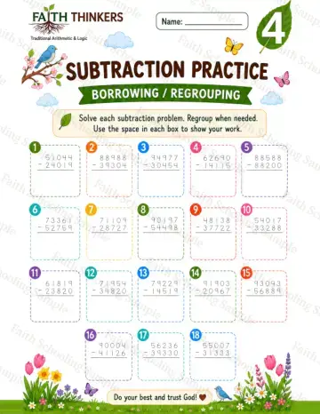 4th Grade math worksheet — Spring Subtraction Practice 4