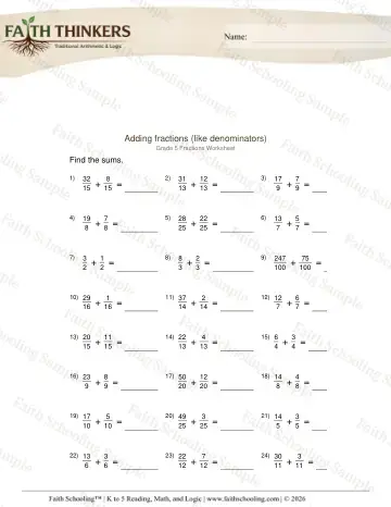 5th Grade math worksheet — Adding Fractions Like Denominators 3