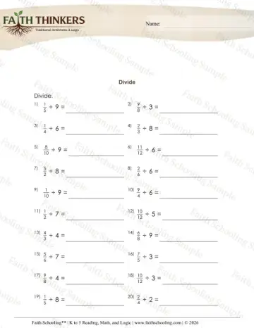 5th Grade math worksheet — Dividing Fractions. Divide Fractions by Whole Numbers 3