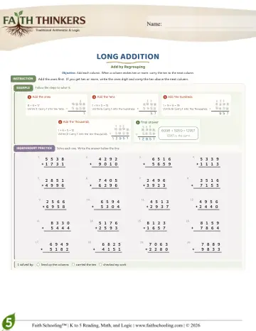 Grade 5 Math: Long Addition — worksheet preview