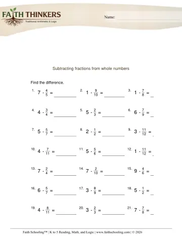 Subtracting Fractions from Whole Numbers 1