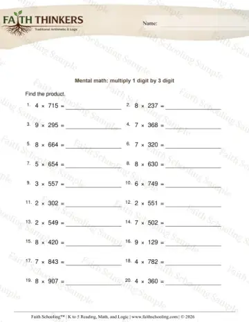 4th Grade math worksheet — Multi-Digit Multiplication. Multiply 1 Digit by 3 Digit 7