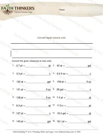 5th Grade math worksheet — Converting Fluid Volume Units Decimals 6