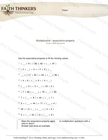 4th Grade math worksheet — Properties of Multiplication. Multiplication Associative Property 3
