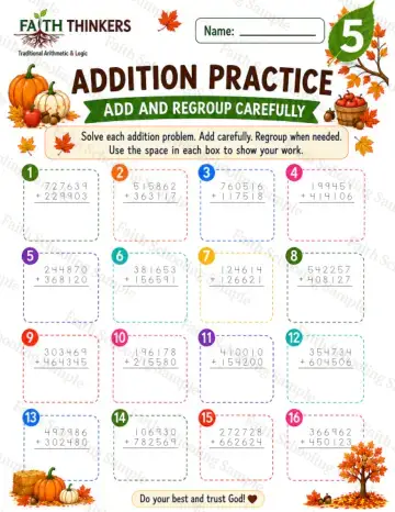 5th Grade math worksheet — Fall Addition Practice 7