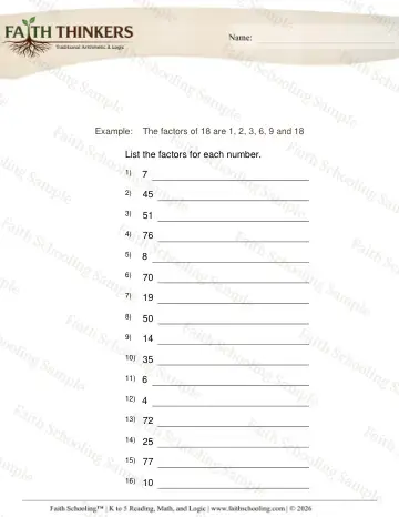 5th Grade math worksheet — Factors and Multiples. Factoring 4 100 2
