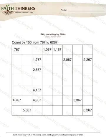 3rd Grade math worksheet — Skip Counting. Counting by 100s from Random 3 (Practice 1)