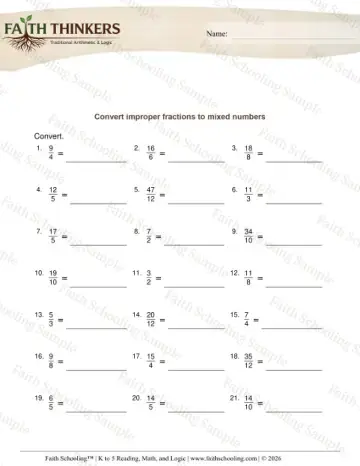 3rd Grade math worksheet — Improper Fractions to Mixed Numbers 7