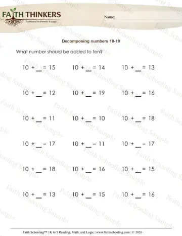 1st Grade math worksheet — Decompose Numbers Teens 4