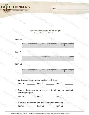 5th Grade math worksheet — Comparing and Estimating. Measure Compare Lengths 2