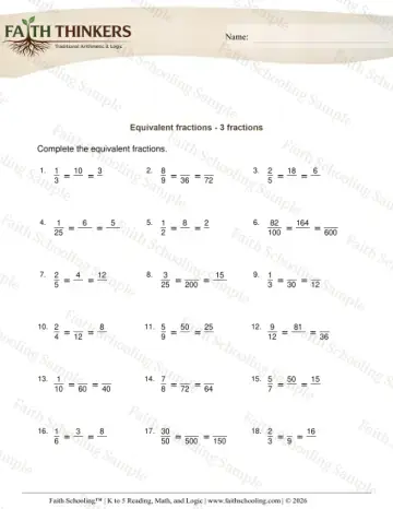 3rd Grade math worksheet — Equivalent 3 Fractions 7