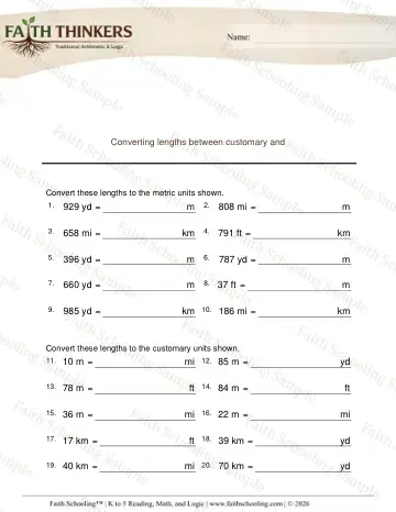 5th Grade math worksheet — Length and Distance. Converting Lengths Customary Metric Long 3