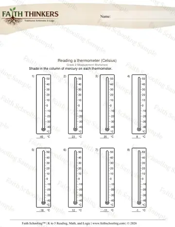 3rd Grade math worksheet — Weight and Mass. Reading a Thermometer Metric 4