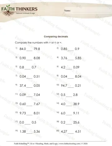 4th Grade math worksheet — Comparing and Ordering Decimals. Compare Decimals 6