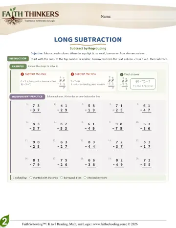 Grade 2 Math: Long Subtraction — worksheet preview