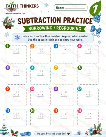1st Grade math worksheet — Winter Subtraction Practice 5