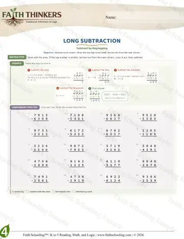 4th Grade math worksheet — Subtraction with Regrouping. Long Subtraction (Practice 5)