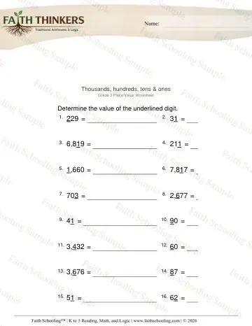 3rd Grade math worksheet — Place Value Digit 3