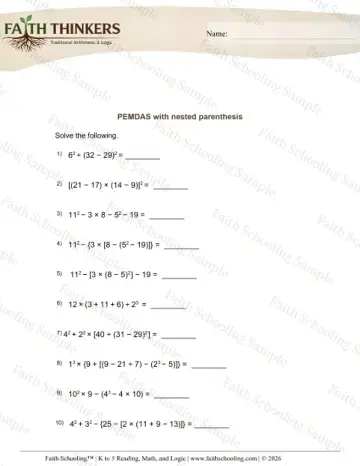 5th Grade math worksheet — Order of Operations with Nested Parentheses. PEMDAS Nested Parenthesis 4