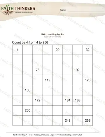 2nd Grade math worksheet — Skip Counting. Counting by 4s 6