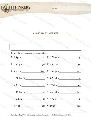 5th Grade math worksheet — Converting Fluid Volume Units Decimals 5