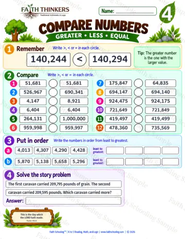 4th Grade math worksheet — Comparing and Ordering Numbers Practice 4