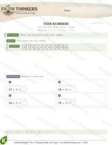 Kindergarten math worksheet — Teen Number Place Value (Practice 4)
