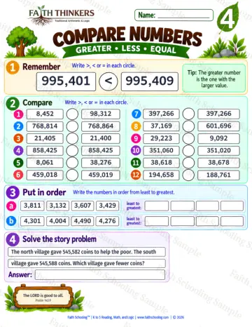 4th Grade math worksheet — Comparing and Ordering Numbers Practice 7