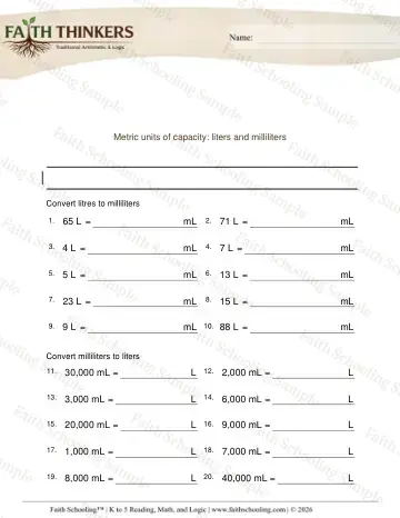 3rd Grade math worksheet — Measurement Units. Metric Units Capacity L Ml 4