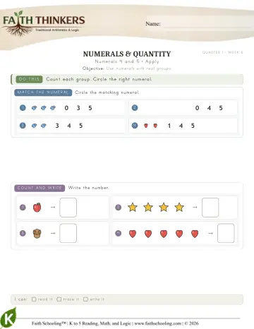 Kindergarten Math: Numerals 4 And 5 — worksheet preview