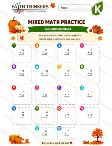 Kindergarten math worksheet — Fall Mixed Practice 4