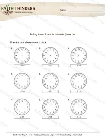 2nd Grade math worksheet — Telling Time 1 Minute 12