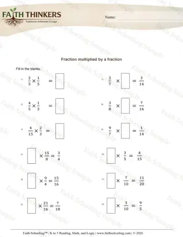 5th Grade math worksheet — Fractions Multiply Missing Number 5