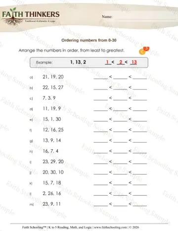 1st Grade math worksheet — Number Order and Sequence. Order Numbers up to 30 1