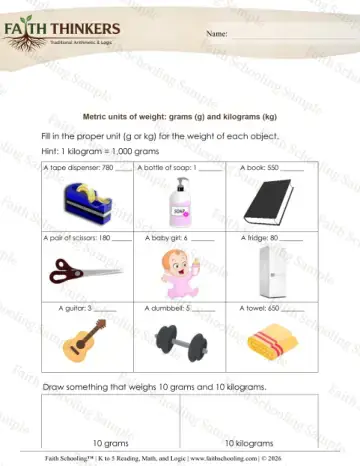 3rd Grade math worksheet — Measurement Units of Weight Metric 4