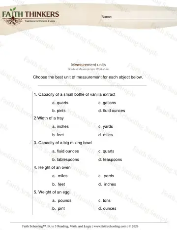 4th Grade math worksheet — Measurement Units Mixed 2