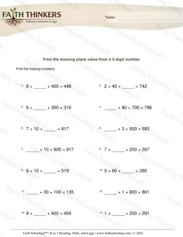 2nd Grade math worksheet — Find Missing Place Value from 3 Digit Number 6