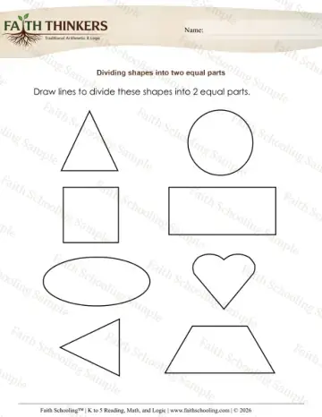 1st Grade math worksheet — Fractions Dividing into Equal Parts