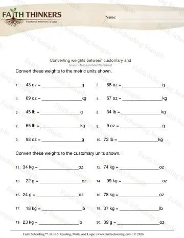 5th Grade math worksheet — Mass and Weight. Converting Weights Customary Metric 5
