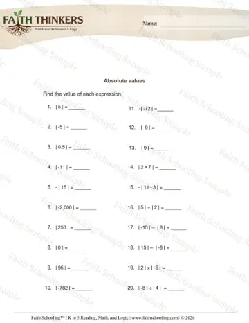 5th Grade math worksheet — Integers Absolute Value 5
