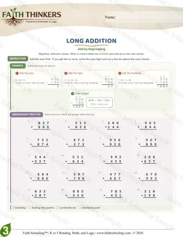 3rd Grade math worksheet — Addition with Regrouping. Long Addition (Practice 5)