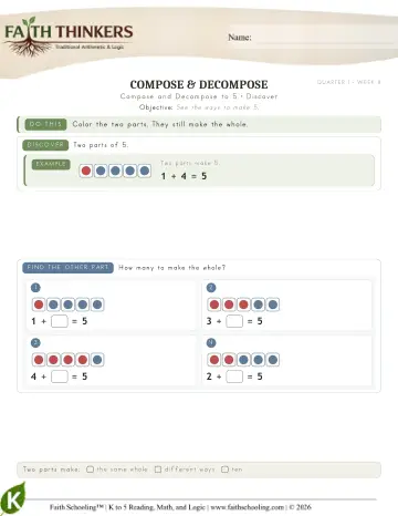 Kindergarten Math: Compose And Decompose To 5 — worksheet preview
