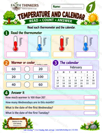 1st Grade math worksheet — Calendar and Temperature Practice 6