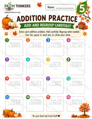 5th Grade math worksheet — Fall Addition Practice 4