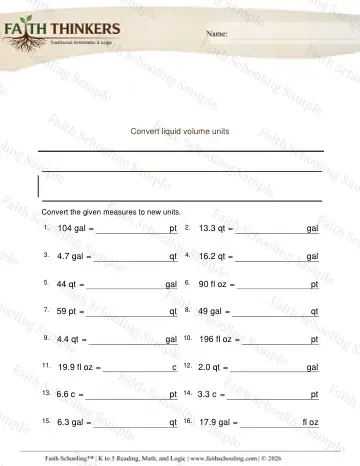 5th Grade math worksheet — Converting Fluid Volume Units Decimals 3